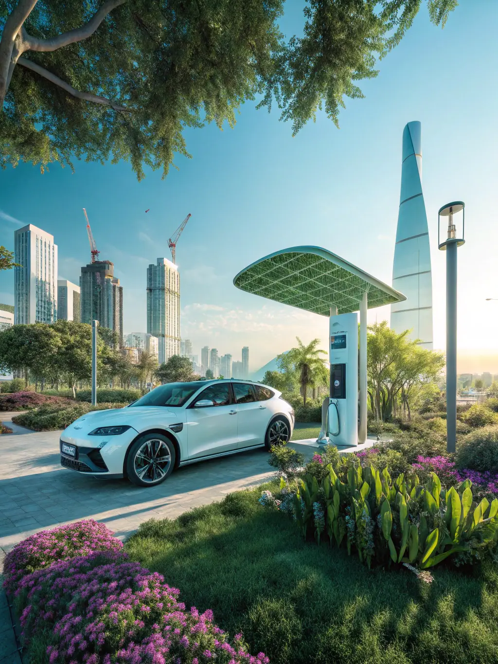 A futuristic rendering of an Nvehicles EV utilizing wireless charging technology, parked over a charging pad, seamlessly integrating into the urban environment.